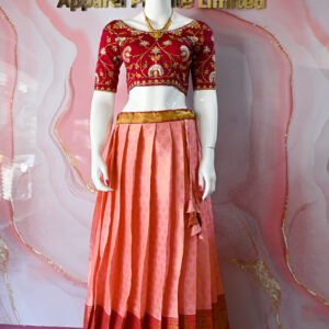 A traditional Indian Pattu Pavada (lehenga) in a vibrant Baby pink with dark Pink.