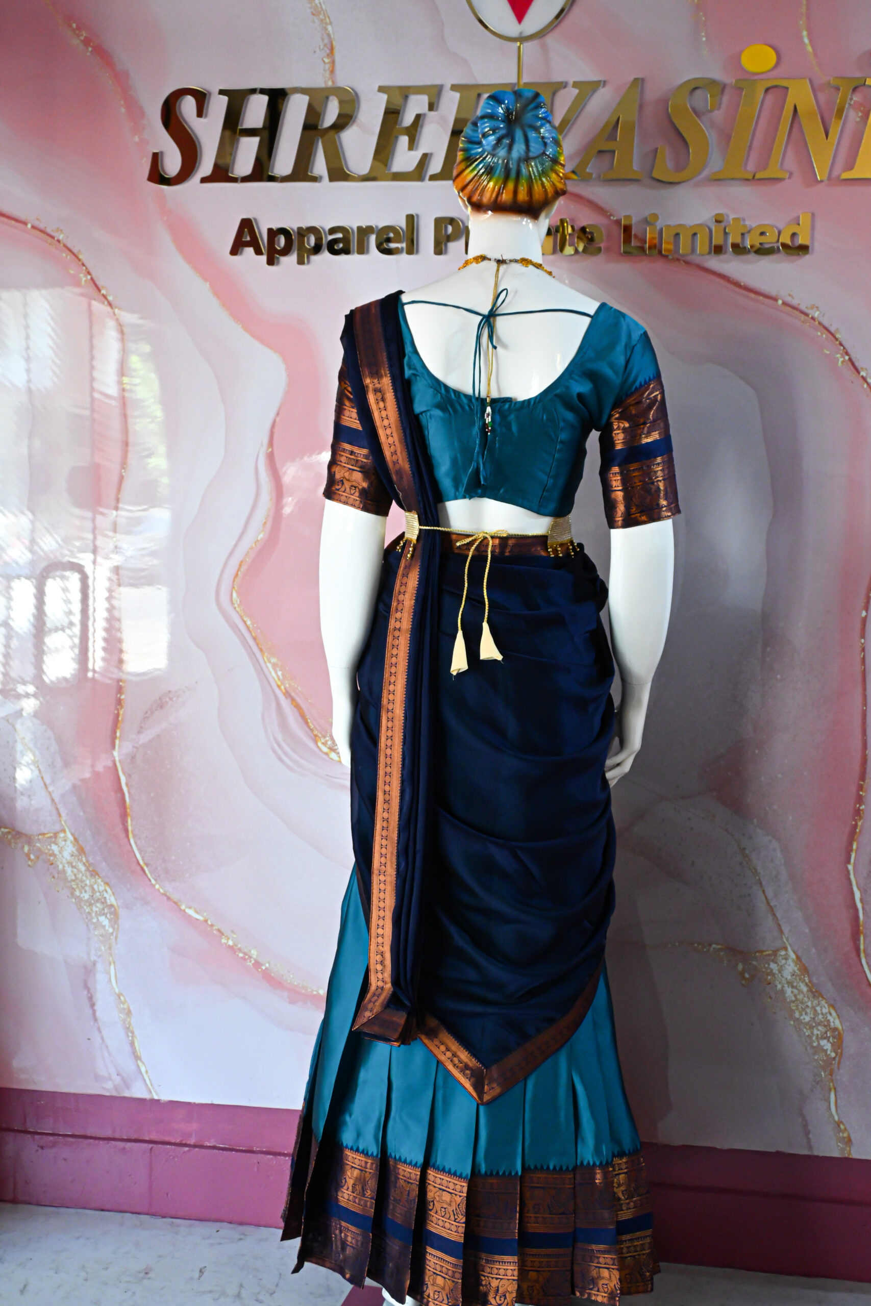 A traditional Indian Pattu Pavada (lehenga) in a vibrant ( Teal blue with navy Blue & Forest green with navy Blue )