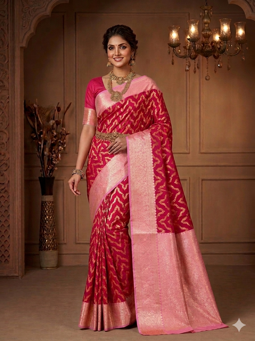 Premium Banarasi Silk Saree with Rich Woven Zari Border & Blouse Piece