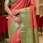 A rich Coral and Fuchsia Pink body paired with a Olive Green sophisticated border.