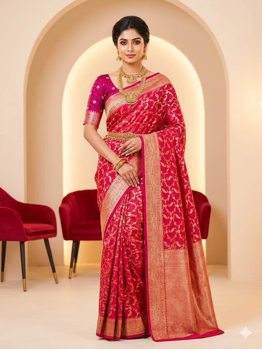 Premium Banarasi Silk Saree with Rich Woven Zari Border & Blouse Piece