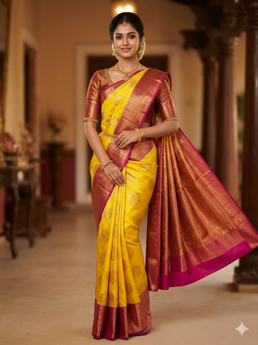 Premium Kanjivaram Pattu Saree – Traditional Rich Woven Zari Border and Blouse