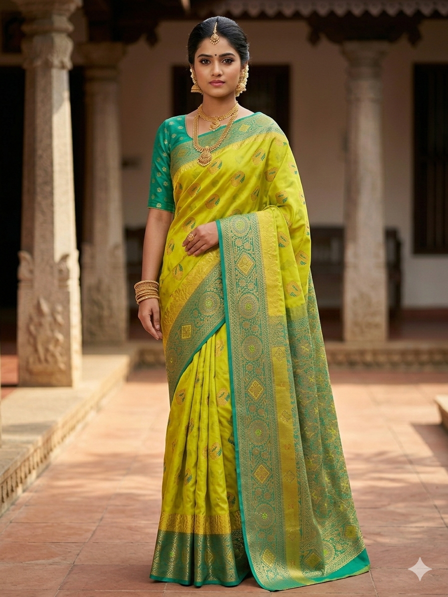 Premium Kanjivaram Pattu Saree – Traditional Rich Woven Zari Border and Blouse