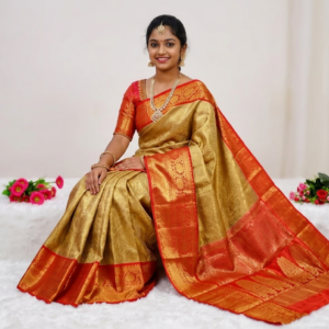 Premium Banarasi Tissue Silk Saree with Rich Woven Zari Border & Blouse Piece