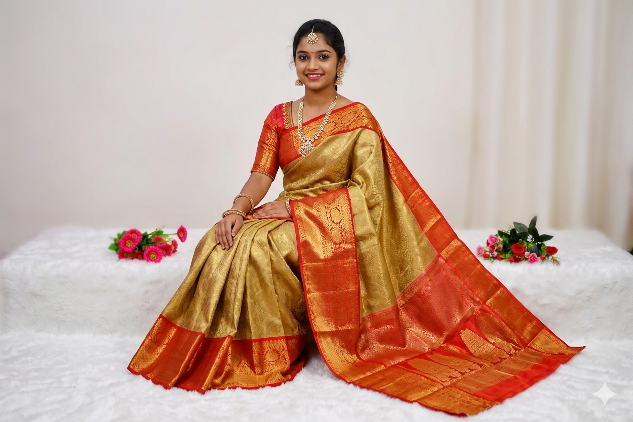 Premium Banarasi Tissue Silk Saree with Rich Woven Zari Border & Blouse Piece