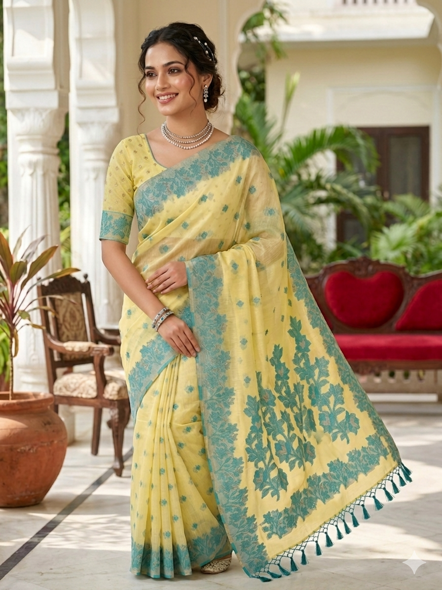 Premium Cotton Saree with Traditional Rich Border and Matching Blouse