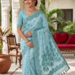 A vibrant Turquoise Blue base featuring contrasting Navy Blue floral motifs and border.