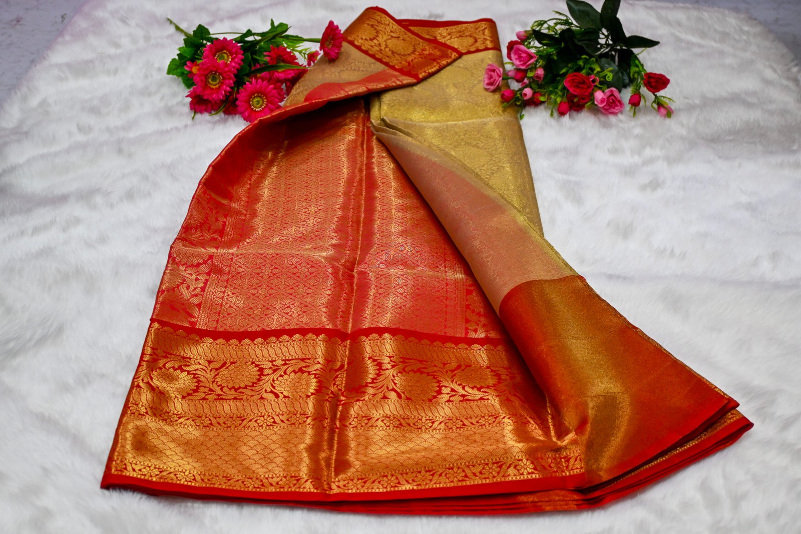 Premium Banarasi Tissue Silk Saree with Rich Woven Zari Border & Blouse Piece
