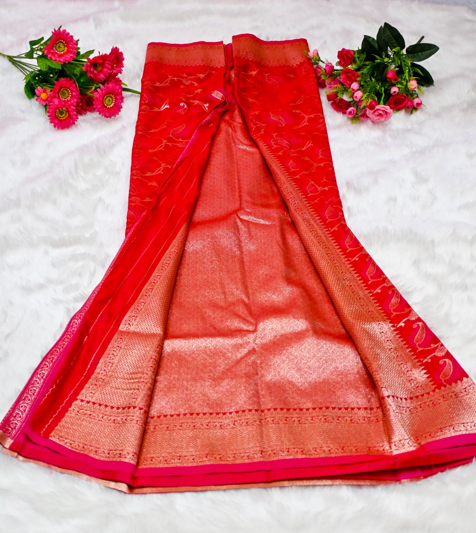 Premium Banarasi Silk Saree with Rich Woven Zari Border & Blouse Piece