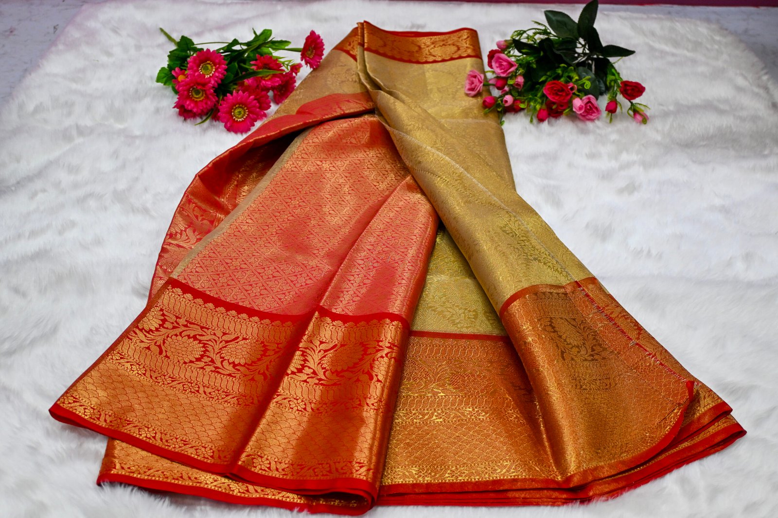 Premium Banarasi Tissue Silk Saree with Rich Woven Zari Border & Blouse Piece