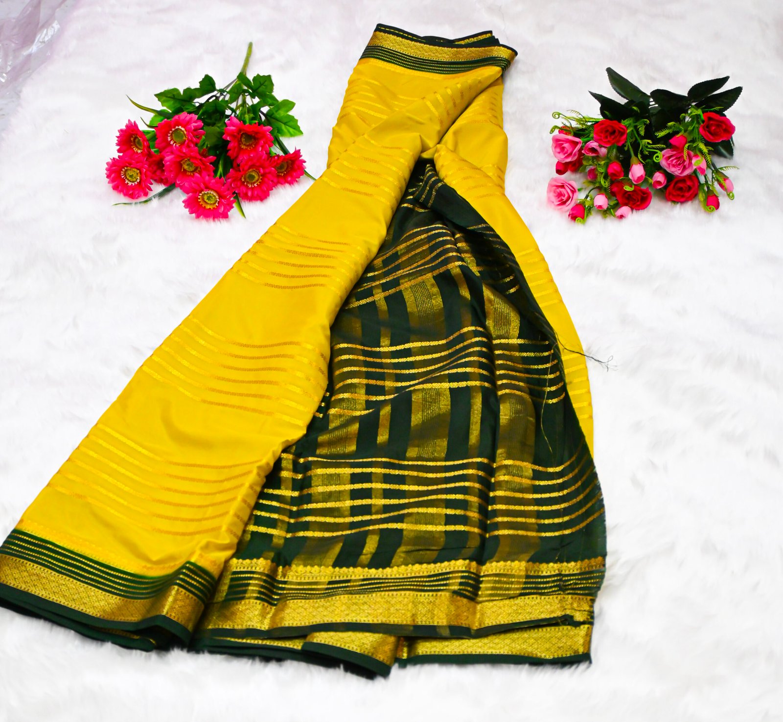 Premium Crepe Saree with Rich Woven Zari Border & Matching Blouse