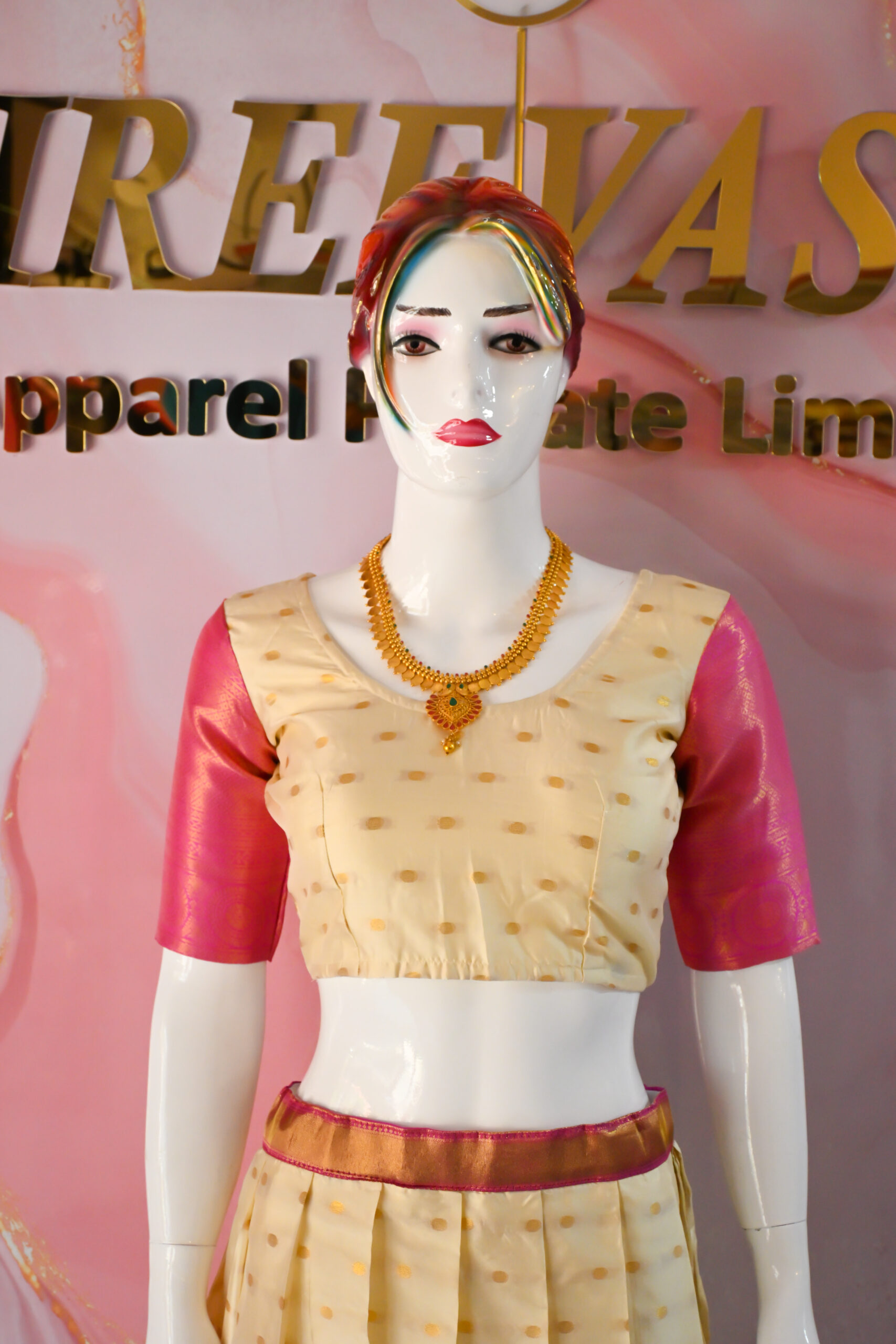 A traditional Indian Pattu Pavada (lehenga) in a vibrant - ( Cream with Green, Cream with Maroon, Cream with Pink )