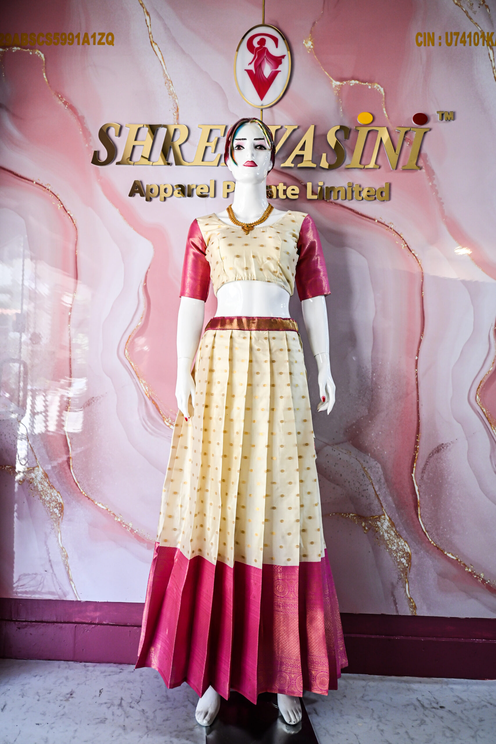 A traditional Indian Pattu Pavada (lehenga) in a vibrant - ( Cream with Green, Cream with Maroon, Cream with Pink )
