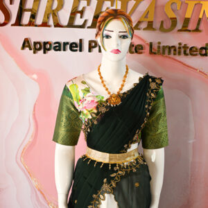 A traditional Indian Pattu Pavada (lehenga) in a vibrant ( Teal blue with navy Blue & Forest green with navy Blue )