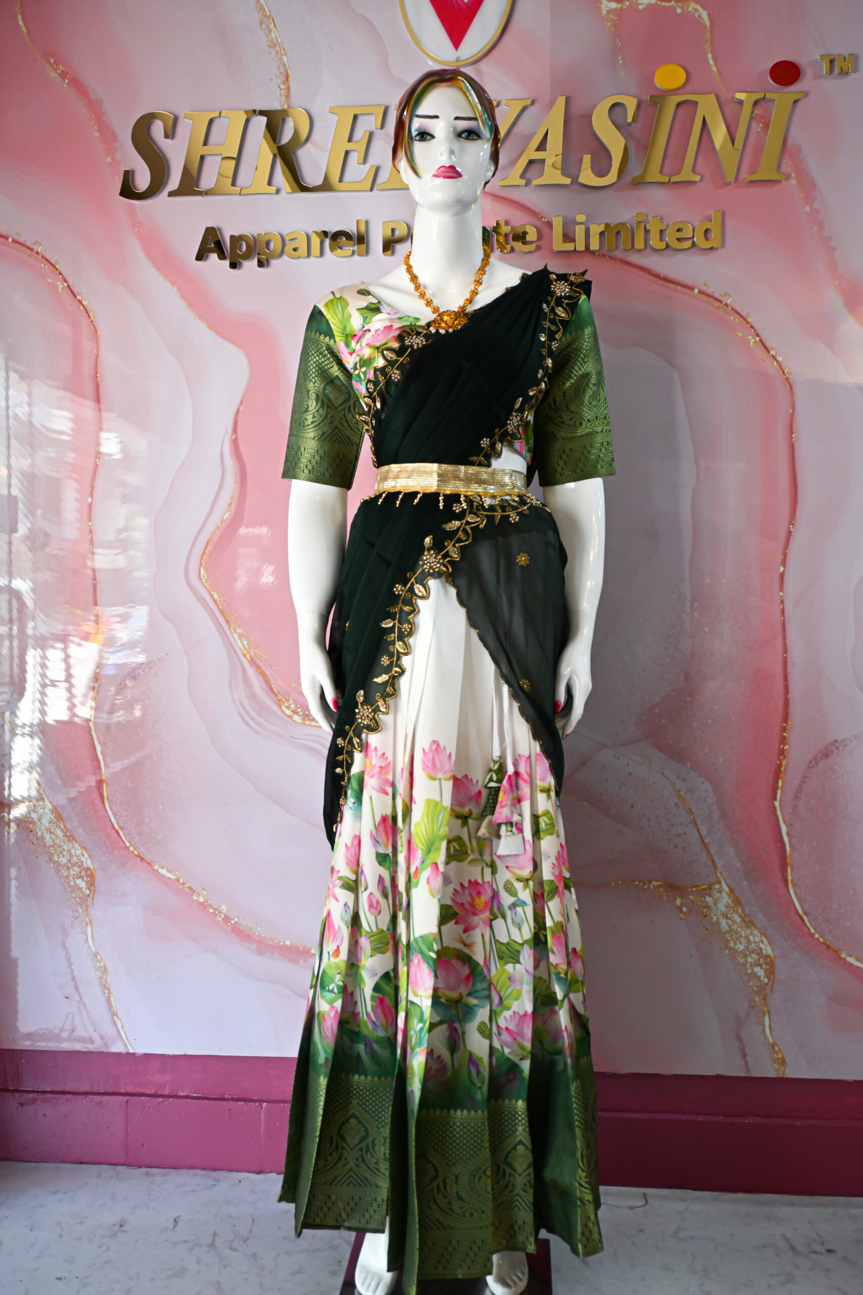 A traditional Indian Pattu Pavada (lehenga) in a vibrant ( Teal blue with navy Blue & Forest green with navy Blue )