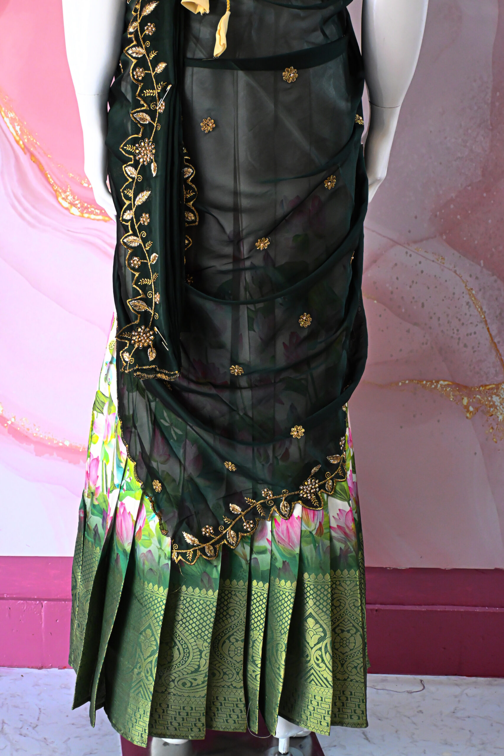 A traditional Indian Pattu Pavada (lehenga) in a vibrant ( Teal blue with navy Blue & Forest green with navy Blue )
