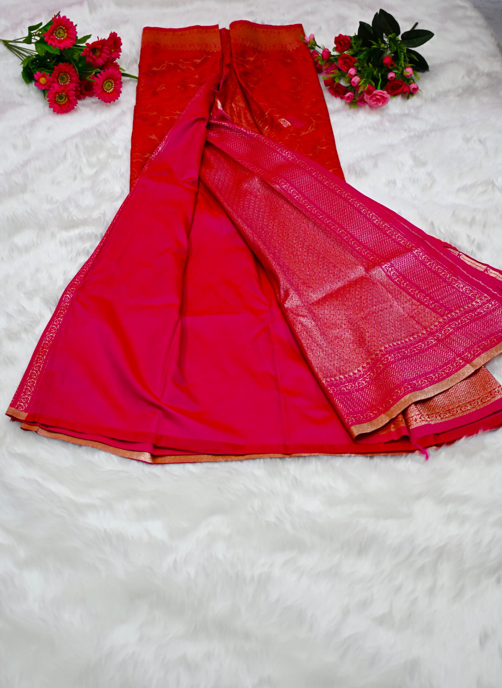 Premium Banarasi Silk Saree with Rich Woven Zari Border & Blouse Piece