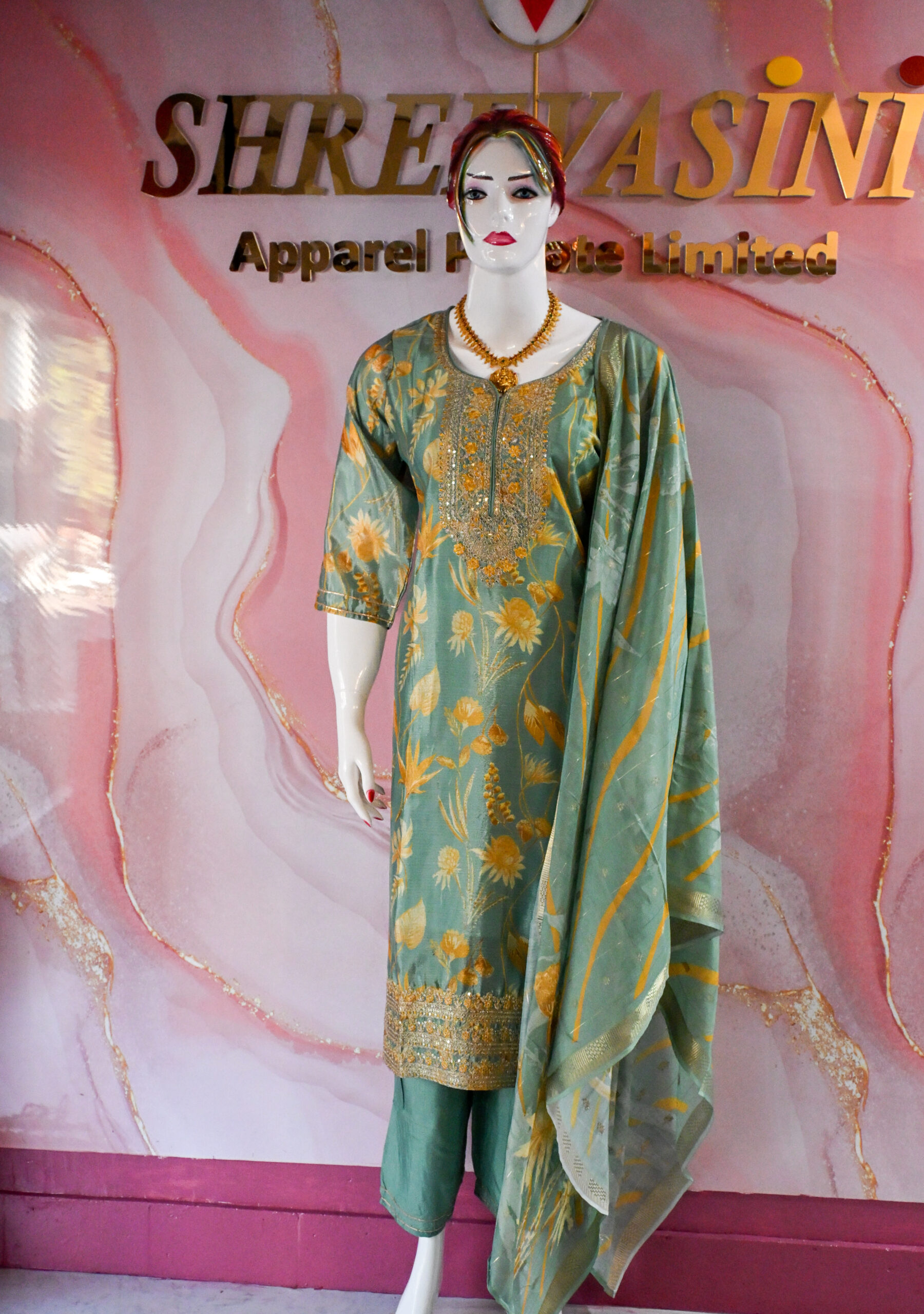 A three-piece Indian Premium Party Wear Chudidhar Suit